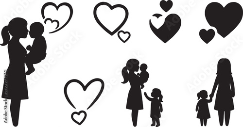 Silhouettes of mothers with children and various heart shapes vector graphic design elements for family and love themes silhouette graphics affection collection elements isolated