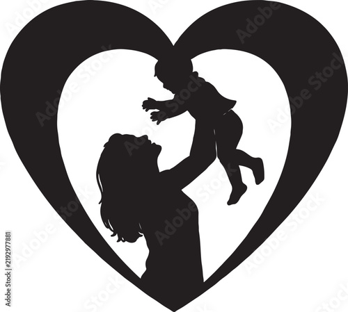 Silhouette of a mother lifting her child inside a large heart frame with silhouette parenting maternity happiness maternal together affection devotion nurturing illustration