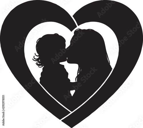 Mother and child silhouette inside a heart shape design with silhouette affection parenting nurturing maternal illustration romantic togetherness relationship minimalist abstract