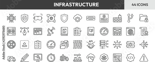 Set of infrastructure line icons representing digital networks and servers