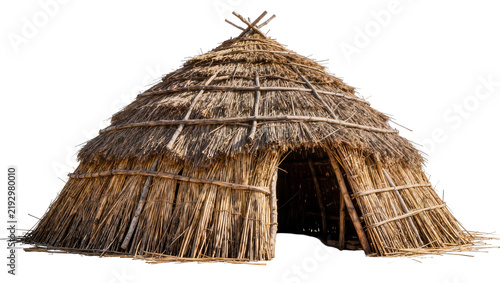 Konstfotografi Primitive thatched hut with wooden frame, isolated on transparent background