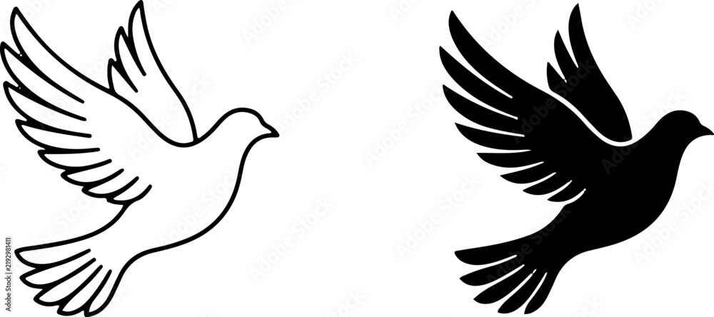 Obraz premium Flying dove symbols as a pair of birds in silhouette and outline style with bird silhouette bird icon graphic design vector illustratio
