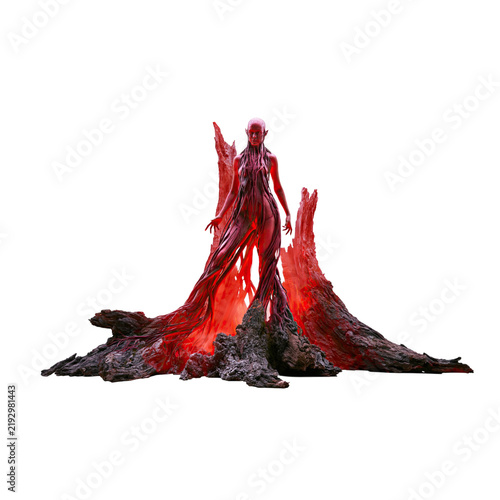 Crimson red magma dryad emerging from volcanic rock isolated on transparent background PNG element