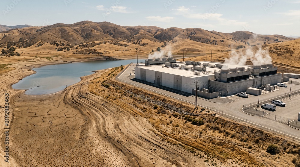Fototapeta premium Data Center Water Use Drought With Cooling Tower Vapour Above A Shrunken Reservoir And Cracked Mud Flats In Harsh Afternoon Sun