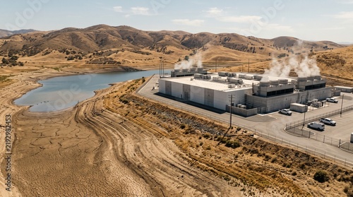 Data Center Water Use Drought With Cooling Tower Vapour Above A Shrunken Reservoir And Cracked Mud Flats In Harsh Afternoon Sun