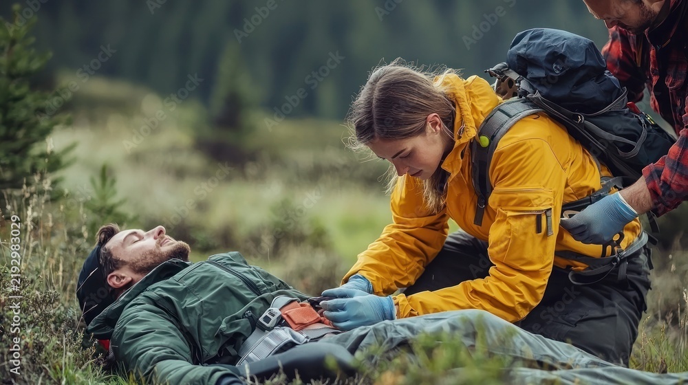 Fototapeta premium A rescuer providing first aid to an injured hiker in a remote wilderness location.
