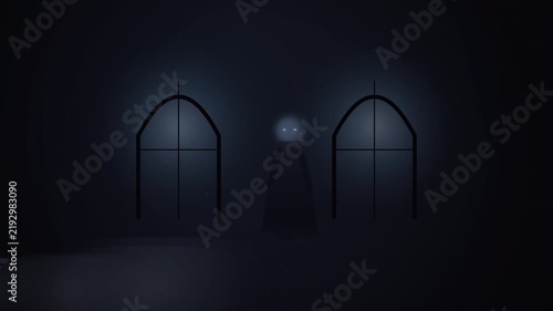 Eerie Ghostly Figure with Glowing Blue Eyes in Dark with Minimalist Room.