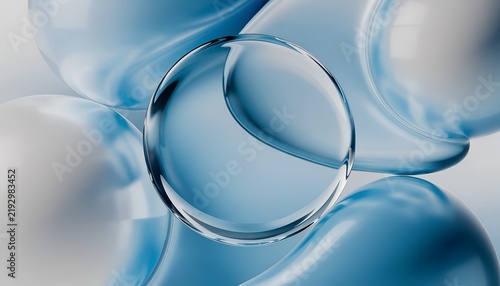 Abstract transparent liquid bubbles and blue circular spheres in studio setting