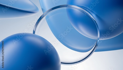 Abstract composition of blue liquid spheres floating in a bright environment