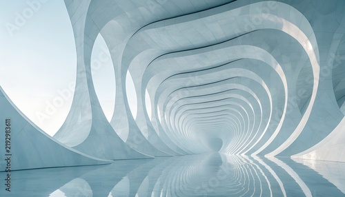 Symmetrical view of a futuristic white architecture tunnel with curved arches