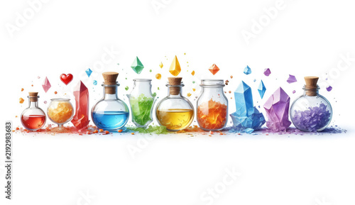 Magical potion bottles with colorful crystals and glowing liquid vials