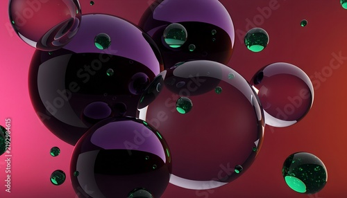 Abstract composition of large translucent purple spheres floating in red space