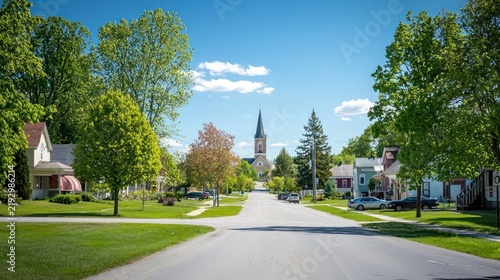 A rural town square with a small park, a church steeple in the background, and a few cars parked along the road.