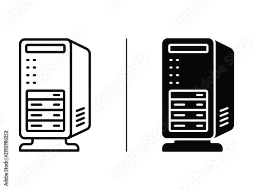 Plakat Vertical computer server tower icon with storage bays for data storage, networking, cloud computing, databases and IT infrastructure