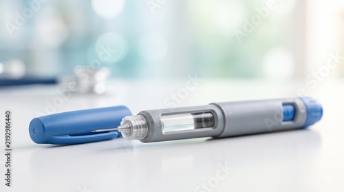 Insulin pen with needle and cap on a white table in a medical setting