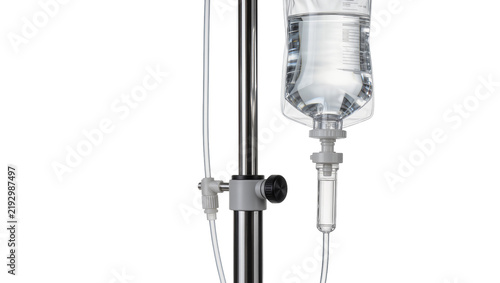 Obraz na plátne Medical IV drip bag with saline solution hanging on chrome stand, isolated on tr