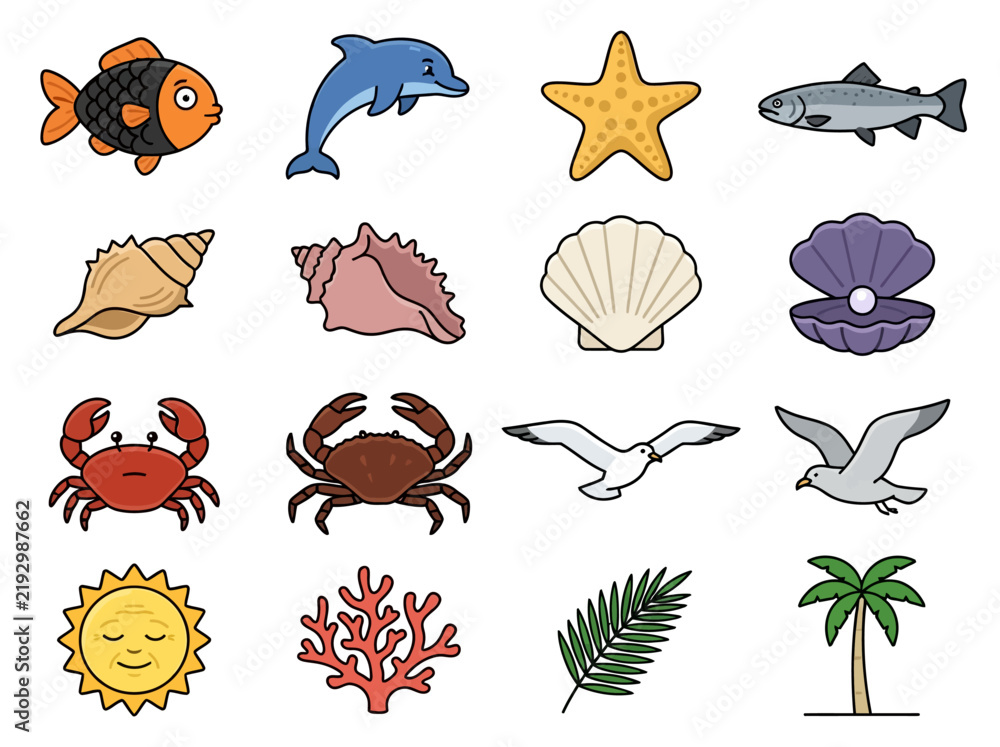 Obraz premium Marine Life Icon Set with Ocean Animals and Tropical Beach Elements