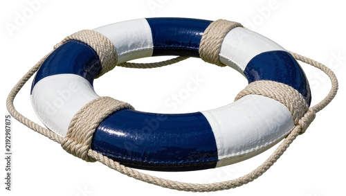 Konstfotografi Blue and white striped life preserver ring with rope, isolated on transparent ba