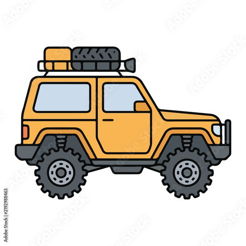 Yellow off-road vehicle 4x4 SUV with roof rack for adventure travel
