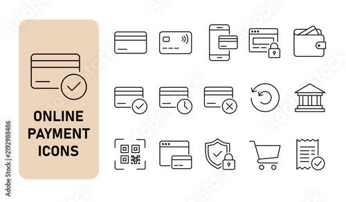 Online payment icon set. Featuring credit card, mobile wallet, contactless pay, secure transaction, QR code, and bank transfer. Vector line icons for e-commerce checkout, fintech apps, and banking web