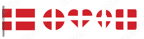 A collection of various shapes featuring the national flag of denmark including rectangular circular heart and shield designs isolated on a plain white