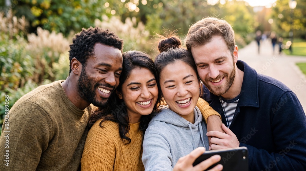 Obraz premium Joyful multiethnic friends laughing and capturing a fun selfie moment together outdoors.