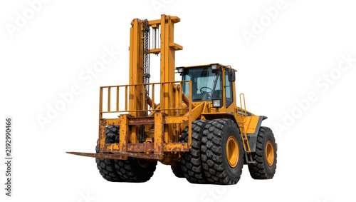Canvastavla Heavy duty yellow forklift with large tires, isolated on transparent background