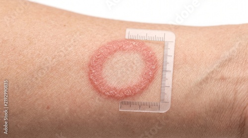 Close-up of a circular red rash on a person's arm being measured with a ruler, identifying ringworm (tinea corporis)
