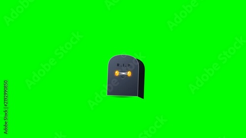 Spooky Cartoon Tombstone with Glowing Eyes on Green Screen for Halloween.
