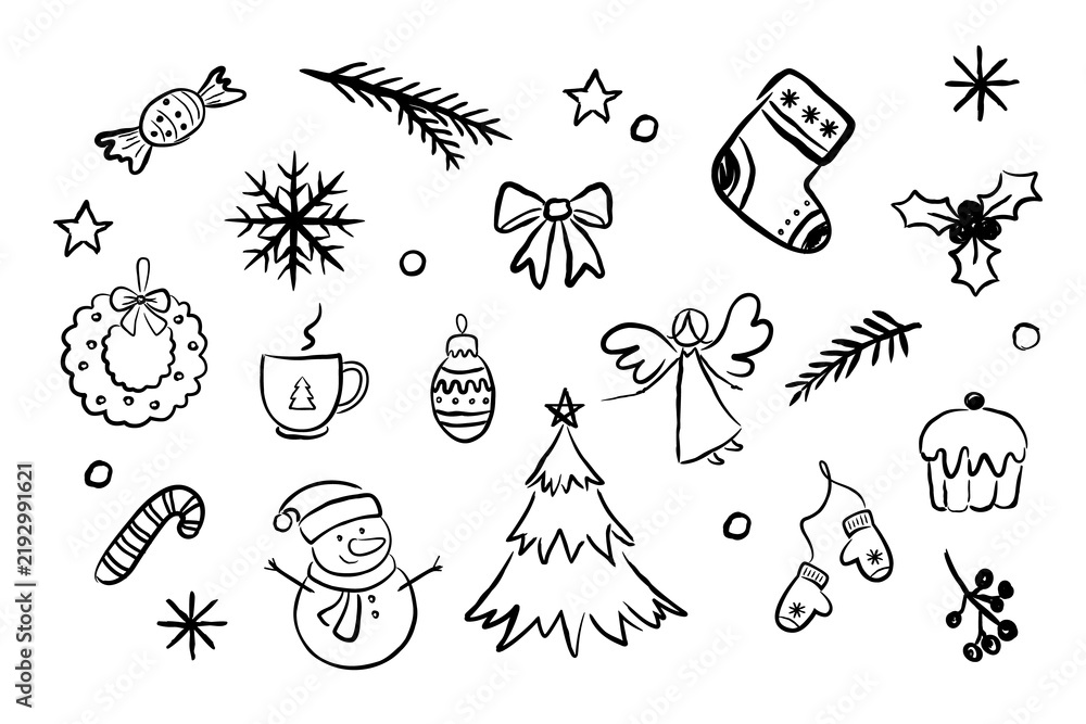 Fototapeta premium Vector set of hand drawn Christmas and New Year doodles on white background. Black line art collection