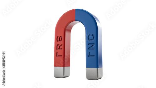 Foto Red and blue horseshoe magnet with silver ends, isolated on transparent backgrou