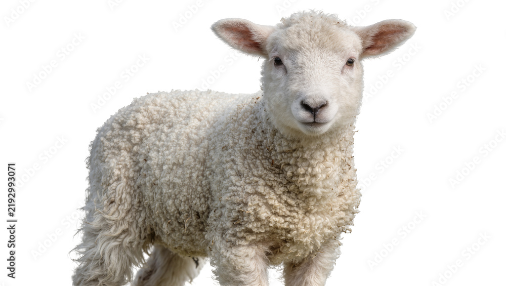 Fototapeta premium Fluffy white lamb with curly wool, isolated on transparent background