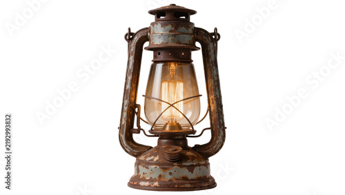 Cuadro en lienzo Rusty old kerosene lantern with Edison bulb, isolated on transparent background