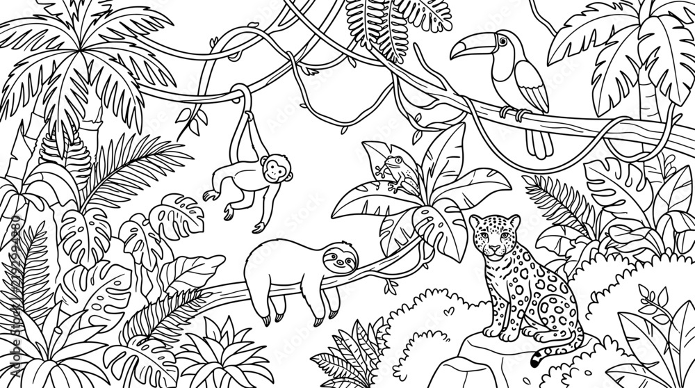 Fototapeta premium Jungle landscape coloring page for kids with tropical animals, monkey, sloth, jaguar, toucan and frog in rainforest environment
