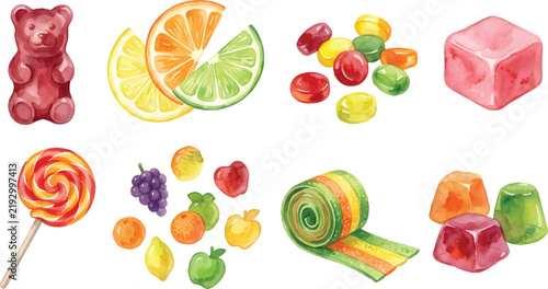 Vector Illustration Watercolor candy set with gummy bear, citrus slices, hard candies, lollipop, sour belt, and jelly gummies