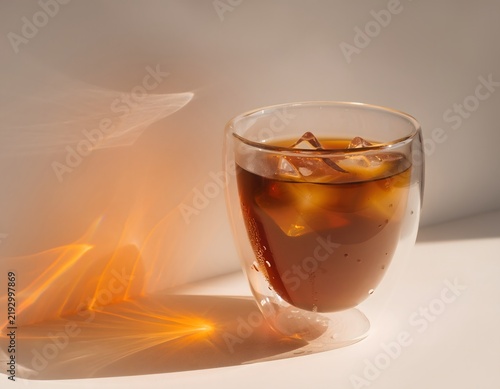 Artisanal Cold Brew Coffee in Glass with Floating Clear Ice Cubes and Orange Prismatic Light Reflections