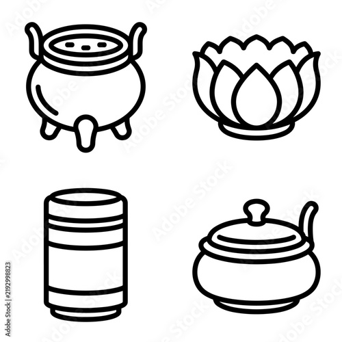 Set of four isolated line art icons representing cultural and spiritual items