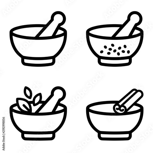 Mortar Pestle Icons Set Isolated Transparent Background Herbs Spices Medicine