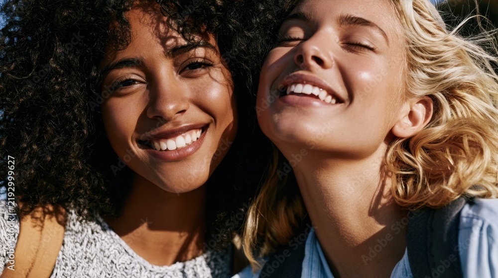 Fototapeta premium Two smiling young women with diverse hairstyles enjoying a sunny day outdoors