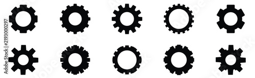 Set of gear icons and cogwheel symbols for settings, mechanics, construction, industry, technology, and progress concepts. Black vector design.