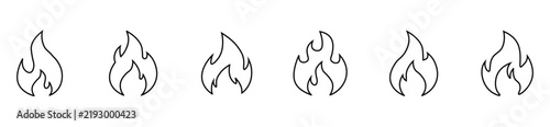 Fire icon collection featuring flame symbols, bonfire silhouettes, and blazing elements in a clean flat vector style.