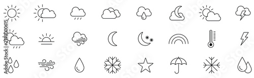 Weather icon collection featuring forecast symbols, clouds, sunshine, moon, snowflakes, wind, and various weather conditions in vector style.