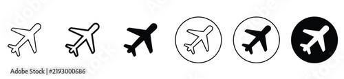 Airplane icon set featuring aircraft symbols for flight, travel, transportation, tourism, and holiday concepts. Clean vector illustration.