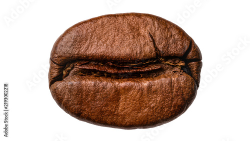 Single roasted coffee bean with deep brown color and textured surface, isolated on transparent background