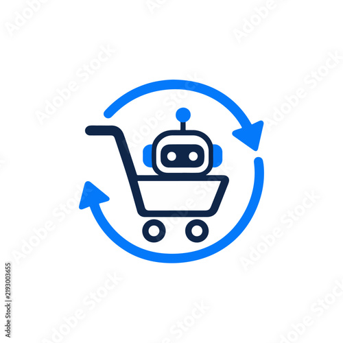 AI Automated Shopping Cart with Robot and Circular Arrows Icon
