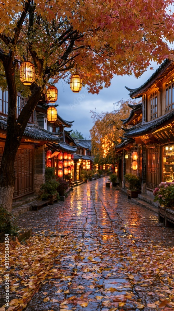 Fototapeta premium a traditional Asianstyle street lined with traditional wooden buildings, each adorned with ornate lanterns. The scene is bathed in warm, golden light from the setting sun.