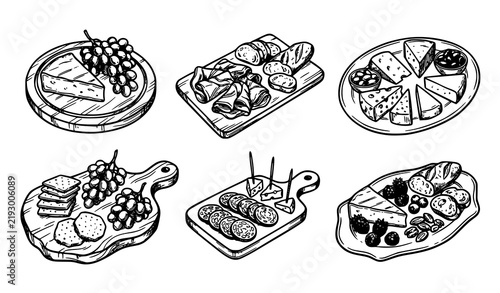 Hand Drawn Charcuterie Board and Cheese Platter Vector Set with Wine Appetizers