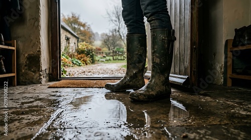 Person wearing tall rubber boots standing in a wet doorway with a puddle on the floor looking out into a garden