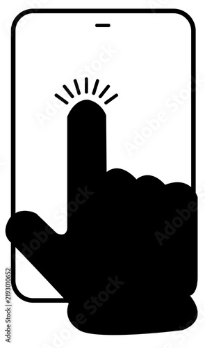 Hand touching smartphone screen vector icon. Smartphone touch screen gesture icon with hand click