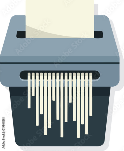 Modern paper shredder destroying document with shredded paper strips in flat style